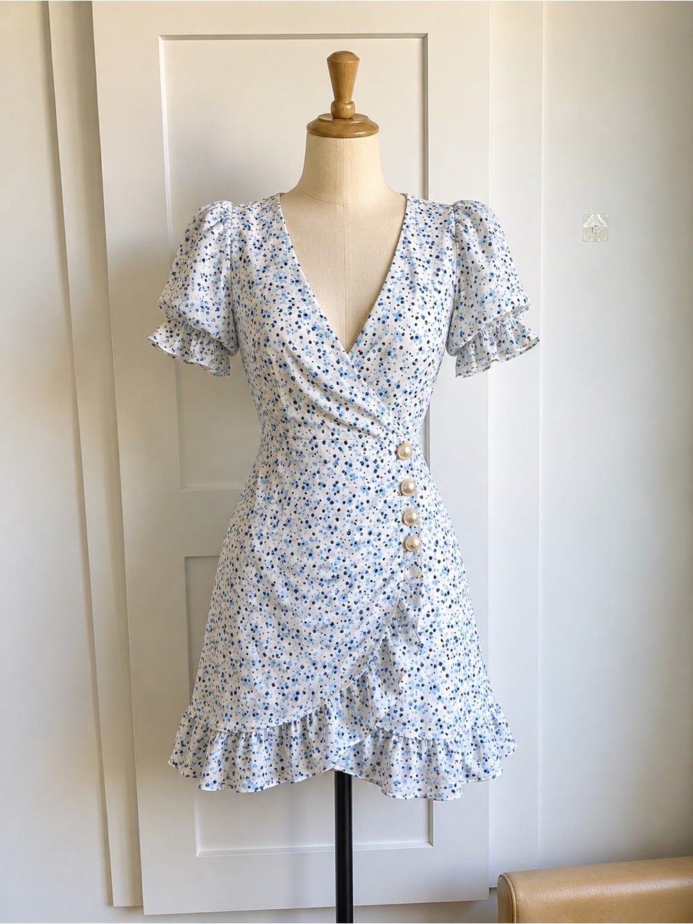 Seven Wonders Light Blue Floral Wrap Mini Dress with Ruffle Trim